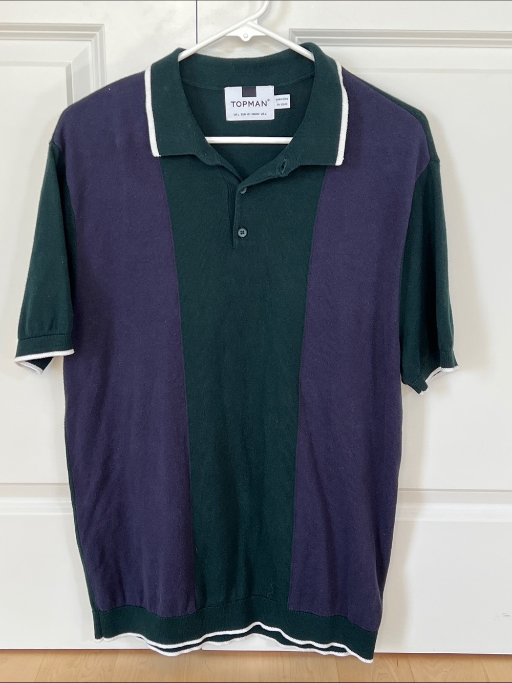 Topman Men’s Dark Green and Purple Striped Polo with White Trim, Size Large